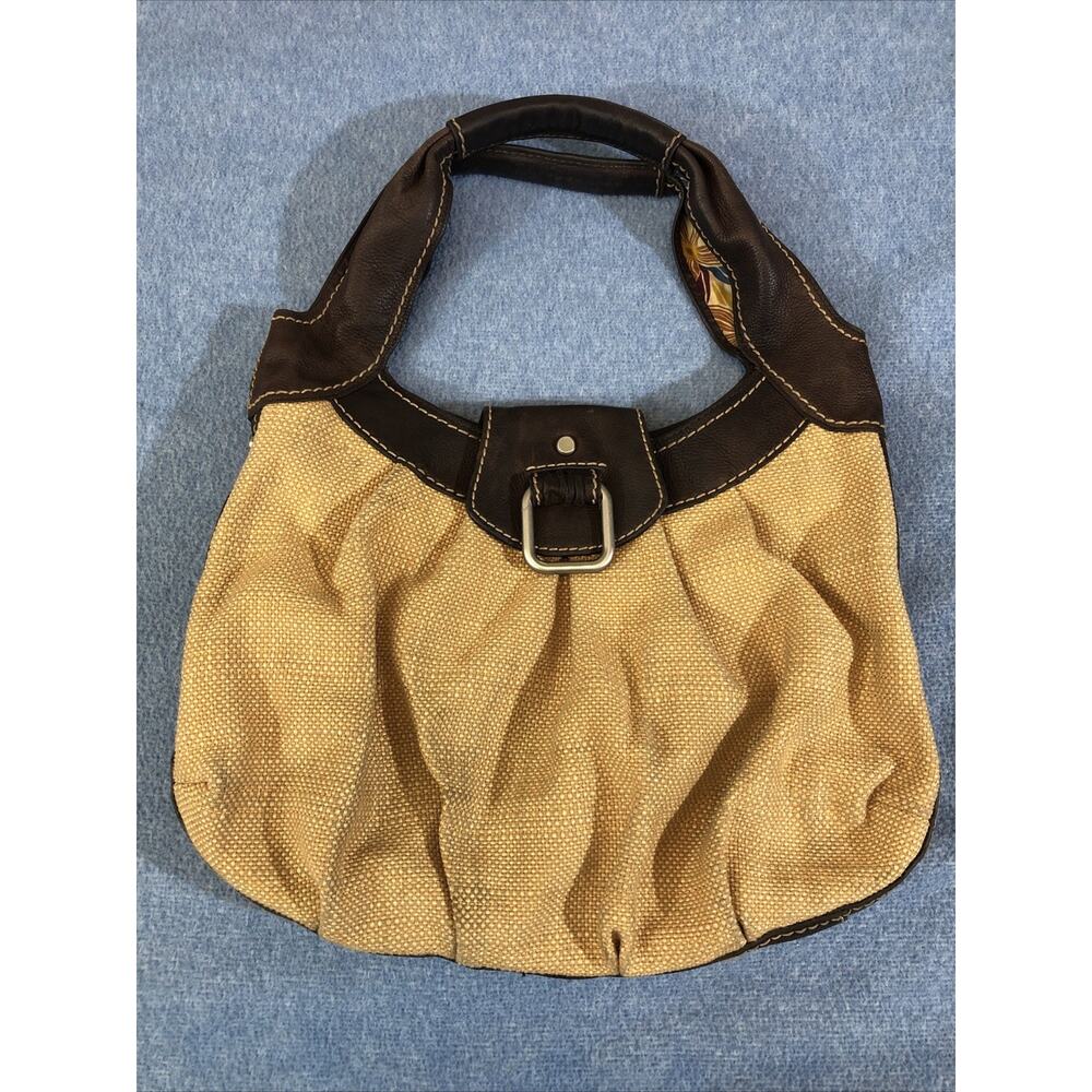 FOSSIL Handbag Woven Straw Fabric Brown Leather Large Hobo Shoulder Bag Purse